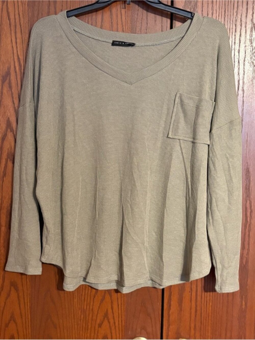 Chris & Carol Olive Green Waffle Knit V-Neck Top